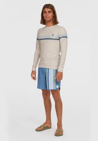 Bela rash guard s dolgimi rokavi z modrimi in zelenimi črtami, v kombinaciji z modrimi kopalnimi hlačami z vertikalnimi črtami in okroglo logotipom. Zeleni natikači.