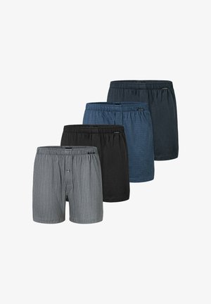 Fyra par kalsonger i olika nyanser: randig grå, enfärgad svart, texturerad marinblå och enfärgad mörkblå, med elastiska midjeband.