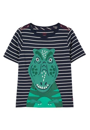 Granatowo-biała koszulka w paski z krótkim rękawem, z dużą zieloną aplikacją z kreskówkowym dinozaurem na przodzie.