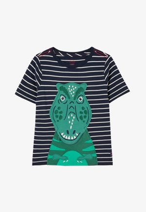 Marineblaue und weiß gestreifte Kurzarmshirt mit einer großen grünen Cartoon-Dinosaurier-Applikation auf der Vorderseite.