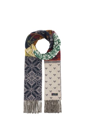 Knit scarf with mixed geometric and heart patterns in navy, cream, green, yellow, and rust colors, featuring fringed ends and a small brand label.