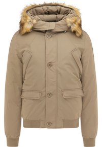 Giacca isolante beige con cappuccio foderato in pelliccia sintetica, dotata di chiusura frontale a bottone e due tasche anteriori. Tessuto testurizzato e polsini a coste.