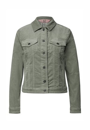 Veste en denim verte avec fermeture à boutons, col pointu, deux poches poitrine et accents en métal argenté. Texture douce et design ajusté.