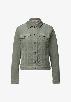 Grüne Denimjacke mit Knopfleiste, spitzem Kragen, zwei Brusttaschen und silbernen Hardware-Details. Weicher Stoff und taillierter Schnitt.