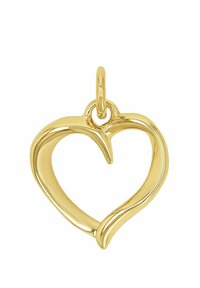 Ciondolo a forma di cuore dorato con una superficie liscia e lucida. Presenta un dettaglio di design a spirale nella parte superiore e un piccolo anello per il fissaggio.