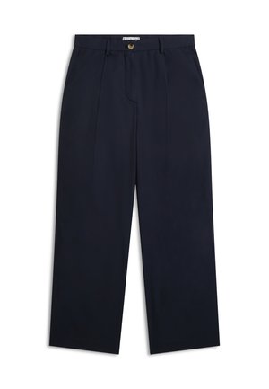Mørkeblå bukser med vide ben, frontplisseringer, sidelommer, bæltestropper og knaplukning i taljen.