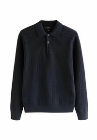 Gestrickter dunkelblauer Polo-Pullover mit strukturiertem Muster, einem Knopfverschluss mit drei Knöpfen und gerippten Bündchen sowie Saum. Hergestellt aus einem weichen Stoff.