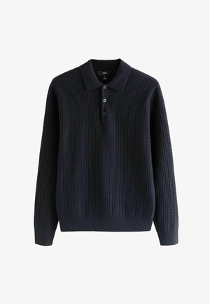 Pulover din tricot de culoare bleumarin închis, cu un model texturat, guler cu trei nasturi și manșete și tiv cu nervuri. Fabricat dintr-un material moale.