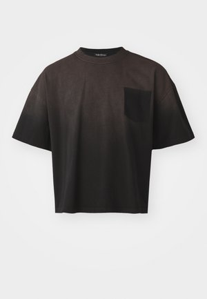 Black cotton t-shirt with a relaxed fit, short sleeves, crew neck, and a left chest pocket. Features a gradient dark to lighter black texture.