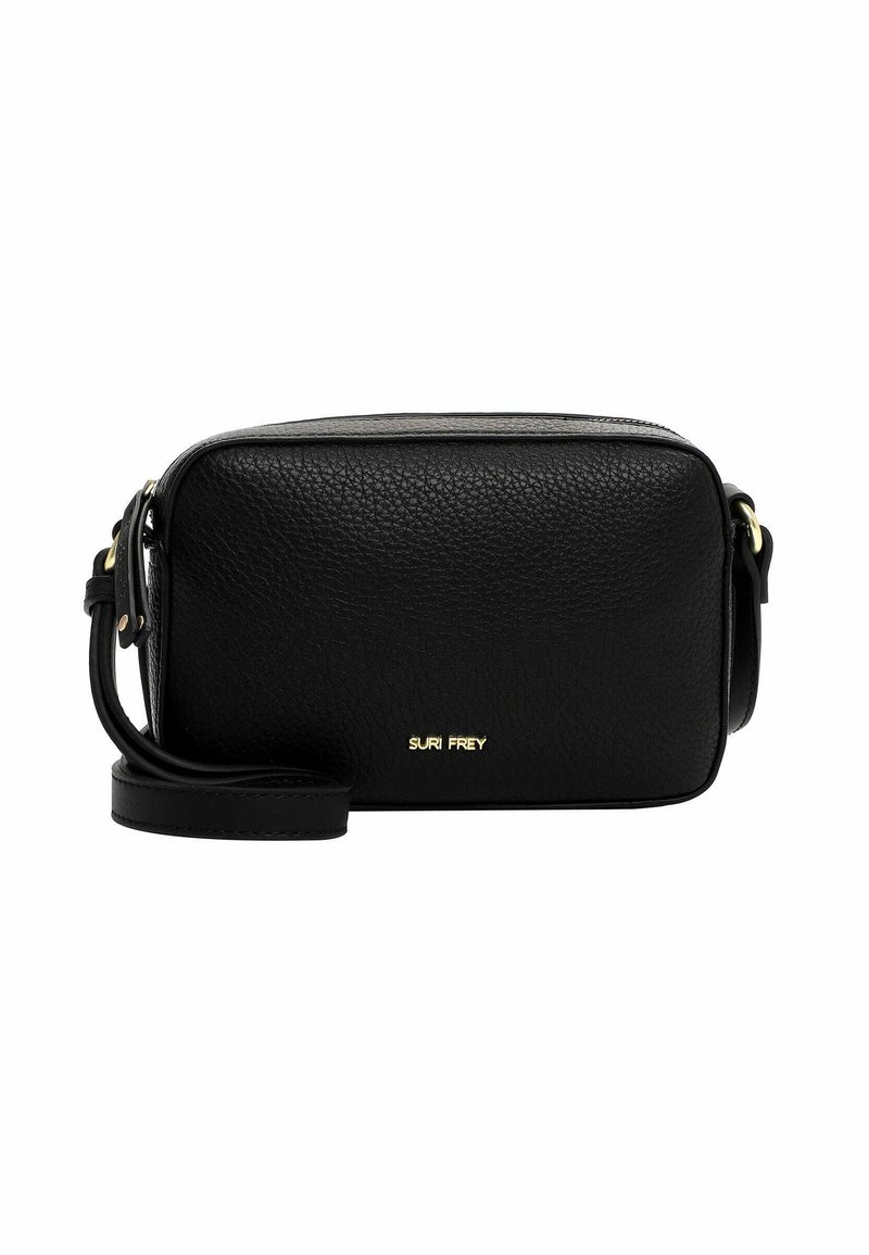 Borsa a tracolla in pelle nera con superficie texturizzata, forma rettangolare, logo dorato e tracolla regolabile per un trasporto versatile.