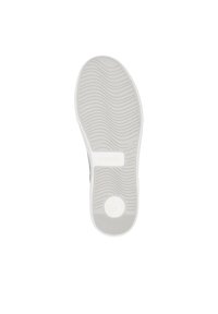 Gray shoe sole with textured wave patterns, white midsole, and circular logo detail. Smooth rubber material with a clean design.