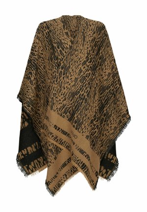 Dierenprint poncho in bruin en zwart, met een franjerand en een contrasterende streep langs de onderkant. Zacht, gestructureerd materiaal.