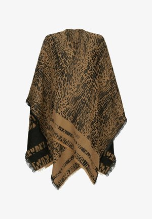 Poncho de estampado animal en marrón y negro, con un dobladillo con flecos y una franja en contraste en la parte inferior. Tejido suave y texturizado.