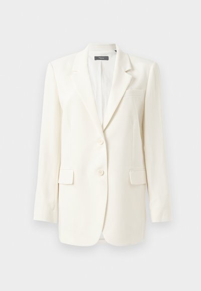 White tailored blazer featuring a notched lapel, two front pockets, button closure, and textured fabric. Classic fit with long sleeves.