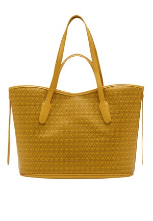 Borsa a tracolla gialla con motivo testurizzato, manici in pelle liscia e design a cima aperta. Notevole zip laterale e forma rettangolare ampia.