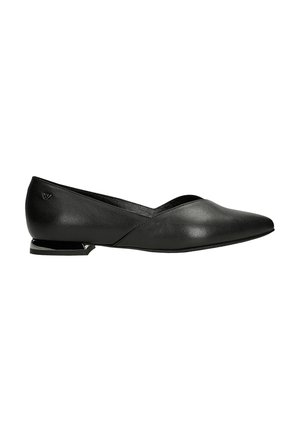 Black ballet flat with a pointed toe, V-cut design, smooth leather texture, sleek low heel, and understated logo accent on the heel.