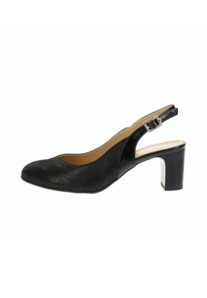 Escarpin slingback noir avec talon bloc moyen, bout arrondi, avant brillant texturé et bride à boucle argentée réglable.