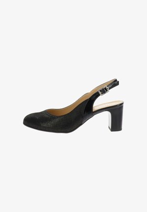 Zapato de tacón slingback negro con tacón medio en bloque, puntera redondeada, parte delantera brillante y texturizada, y correa ajustable con hebilla plateada.