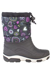 Zwarte waterdichte sneeuwlaars met kleurrijke hart- en bloempatronen, verhoogde rubberen zool, gevoerde schacht en trekkoordsluiting bovenaan.