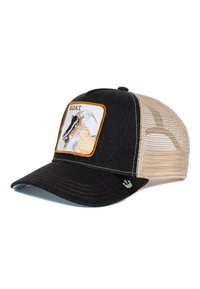 Gorra negra con lados de malla, que presenta un parche de la cabeza de una cabra con el texto "GOAT". Diseño estructurado, visera curvada y costuras en contraste.