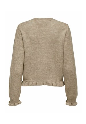 Maglione marrone chiaro con scollo a costine, maniche lunghe e orlo e polsini arricciati. Realizzato in un morbido materiale a maglia testurizzato.