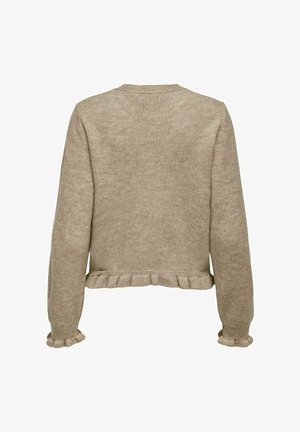 Lichtbruin sweater met een ribbelkraag, lange mouwen en een gerimpelde zoom en manchetten. Gemaakt van een zachte, textuurgebreide stof.