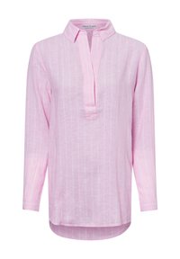 Rosa Leinenbluse mit Kragen, verfügt über eine halbe Knopfleiste, lange Ärmel und dezente weiße vertikale Streifen. Glatte Textur, lässige Passform.
