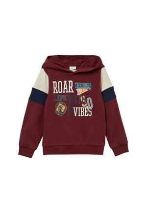 Felpa con cappuccio color bordeaux con pannelli sulle maniche crema e blu navy, grafica di un dinosauro e testo che recita "Ruggisci nella vita con le vibrazioni del dinosauro."