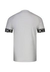 Plain white short-sleeve shirt with black bands around the sleeve edges featuring large gray block letters.