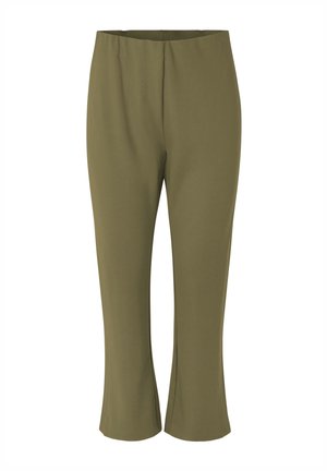 Pantaloni cropped verde oliva con elastico in vita, tessuto liscio e gambe leggermente svasate per un fit comodo.