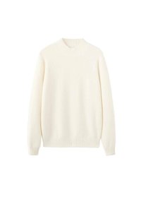 Suéter blanco de punto con cuello redondo y puños acanalados. Textura suave, mangas largas y un ajuste holgado. Diseño minimalista, sin patrones ni gráficos.
