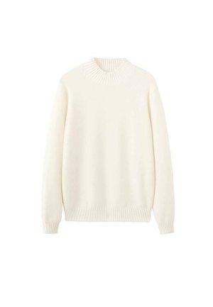 White knit sweater with a ribbed crew neck and cuffs. Soft texture, long sleeves, and a relaxed fit. Minimalist design, no patterns or graphics.