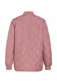 Veste matelassée rose pâle douce avec un col et des poignets côtelés. Présente un motif en losanges et une coupe décontractée, confectionnée dans un tissu lisse.