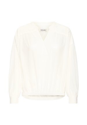 White long-sleeve blouse with V-neck collar, gathered cuffs, and elastic hem, labeled ICHI brand inside the neckline.