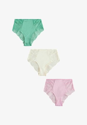 Drei Damen-Slips mit hohem Bund in Grün, Weiß und Rosa, jeweils mit Spitzeneinsätzen an den Seiten und am Rücken, auf weißem Hintergrund präsentiert.