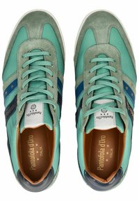Green and teal sneakers feature suede and mesh materials, with dark blue accents and laces, and a tan insole displaying the brand logo.