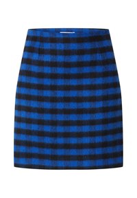 Wollen mini-jurk met een blauw-zwart ruitpatroon, rechte snit, met twee voorkwesties en een verborgen rits aan de achterkant.