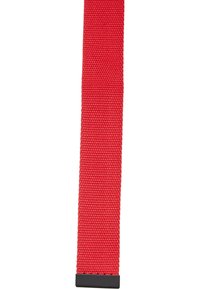 Red woven fabric belt with a flat, smooth texture and a black rectangular buckle at one end.