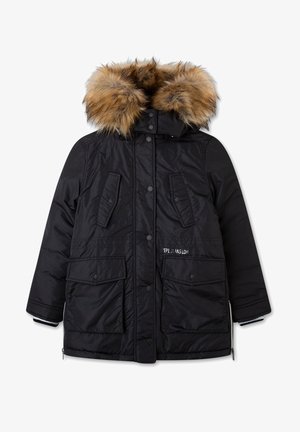 Czarna puchowa kurtka z odpinanym brązowym kapturem z sztucznego futra, licznymi przednimi kieszeniami oraz detalem z logo. Zamek błyskawiczny w bocznych wentylach dla wentylacji.