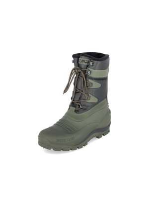 Groene en zwarte geïsoleerde winterlaars met veters, robuuste zool en "North Track" logo aan de zijkant.