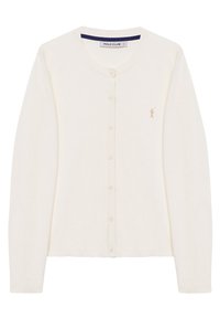 Krémový kardigan s kulatým výstřihem, dlouhými rukávy a předními knoflíky. Má malé vyšívané logo v béžové barvě na levé straně hrudi.