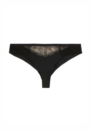 Culotte string noire avec un panneau en dentelle transparente à l'arrière, motif floral avec des accents dorés, et tissu doux pour le confort.