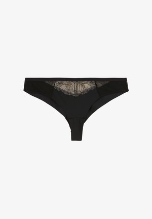 Culotte string noire avec un panneau en dentelle transparente à l'arrière, motif floral avec des accents dorés, et tissu doux pour le confort.