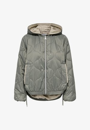 Sammalpistokullallinen takki hupulla, jossa on edessä vetoketju, kaksi sivutaskua ja säädettävät kiristysnauhat. Kontrastivärinen vuori ja helmakiinnitykset.