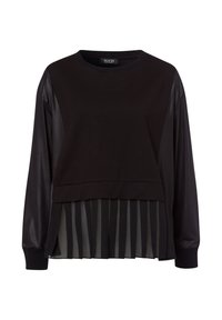 Zwarte lange mouw top met leren textuur op de mouwen en een geplooide gestreepte chiffon onderrand.