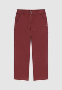 Pantaloni cargo amaranth con più tasche, dettagli metallici e design a gamba dritta. Realizzati in tessuto resistente con una texture liscia.