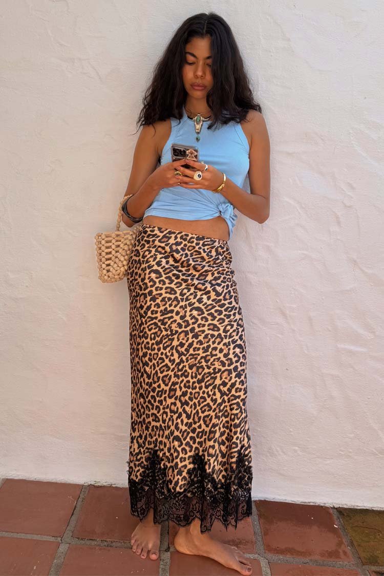 never fully dressed brown and blue skirt Chocolate Satin Lily Midi Skirt with Lace Trim