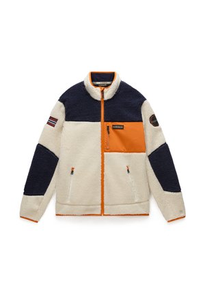 Fleece jacket with cream body, navy sleeves, and orange accents. Features zippered pockets and a high collar. Textured, soft surface.