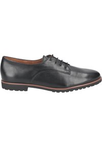 Scarpe stringate in pelle nera con finitura liscia, punta affusolata, dettagli di cucitura sottili e suola in gomma testurizzata con bordo a contrasto.
