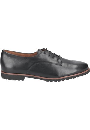 Scarpe stringate in pelle nera con finitura liscia, punta affusolata, dettagli di cucitura sottili e suola in gomma testurizzata con bordo a contrasto.